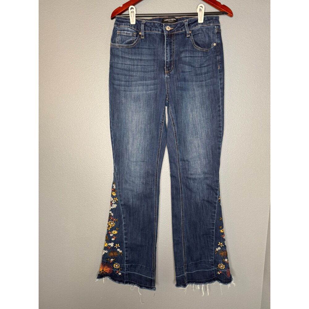 Ashley Mason Premium Embroidered Flare Jeans Size 13/31 Boho Raw Hem Floral